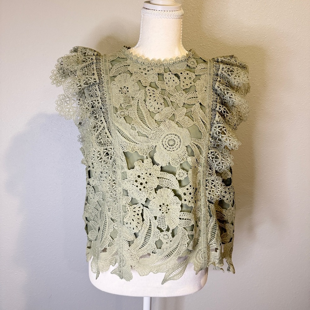 NWT Lucy Paris Sage Green Floral Lace Blouse Women’s Large